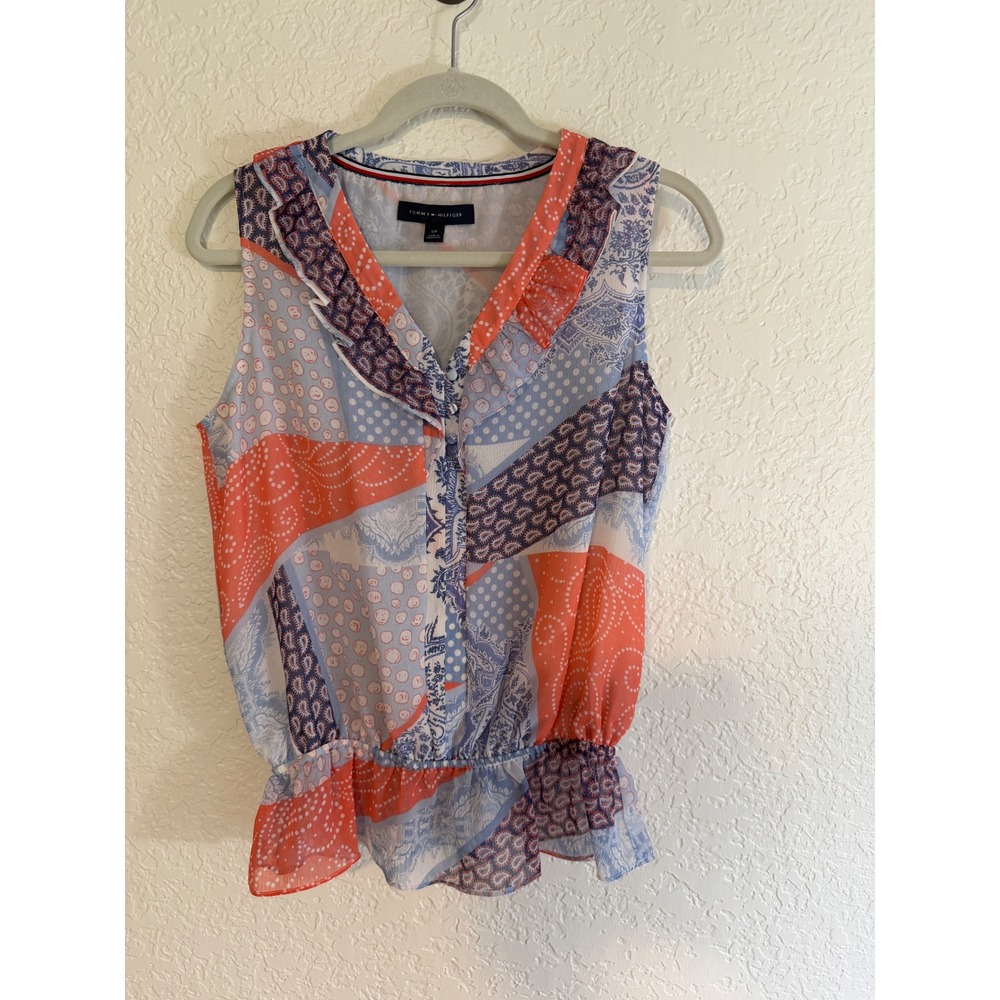Tommy Hilfiger Sleeveless Blouse Multicolor S Women Ruffle V-Neck Patchwork - Picture 6 of 11